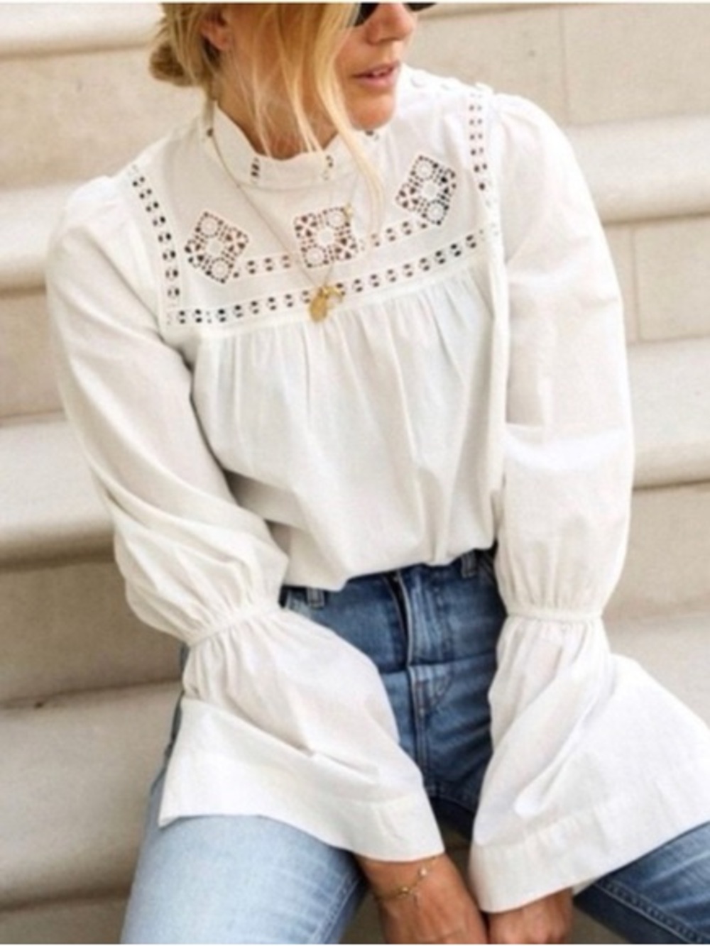 Free people White Lace-Trim Victorian Blouse - Women's Top Belle sleeves